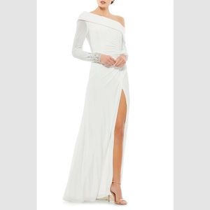 MAC DUGGAL White One-Shoulder Long Sleeve Jersey Gown